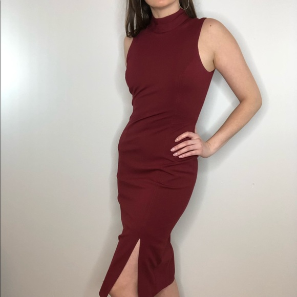 Mock neck wine midi dress with slit - Picture 7 of 7